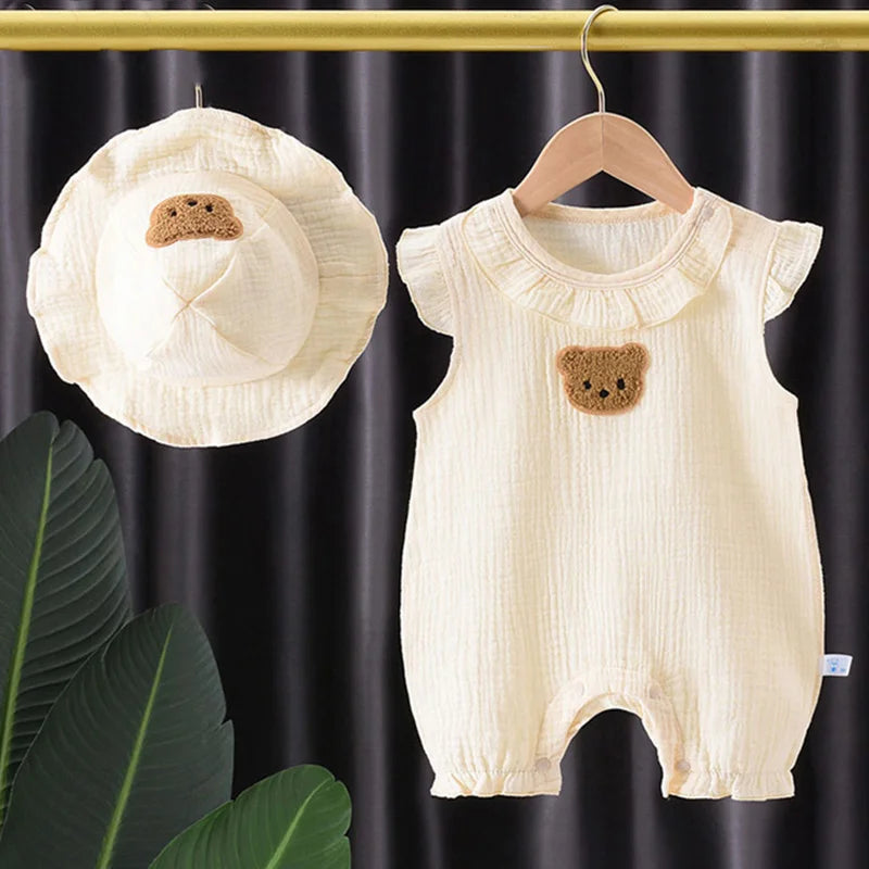 2Pcs Baby Summer Jumpsuits Hat Set Bear Muslin Newborn Romper for Boys Girls Clothes Toddler Onesie Infant Outfit Clothing