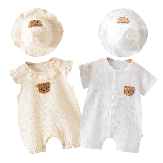 2Pcs Baby Summer Jumpsuits Hat Set Bear Muslin Newborn Romper for Boys Girls Clothes Toddler Onesie Infant Outfit Clothing