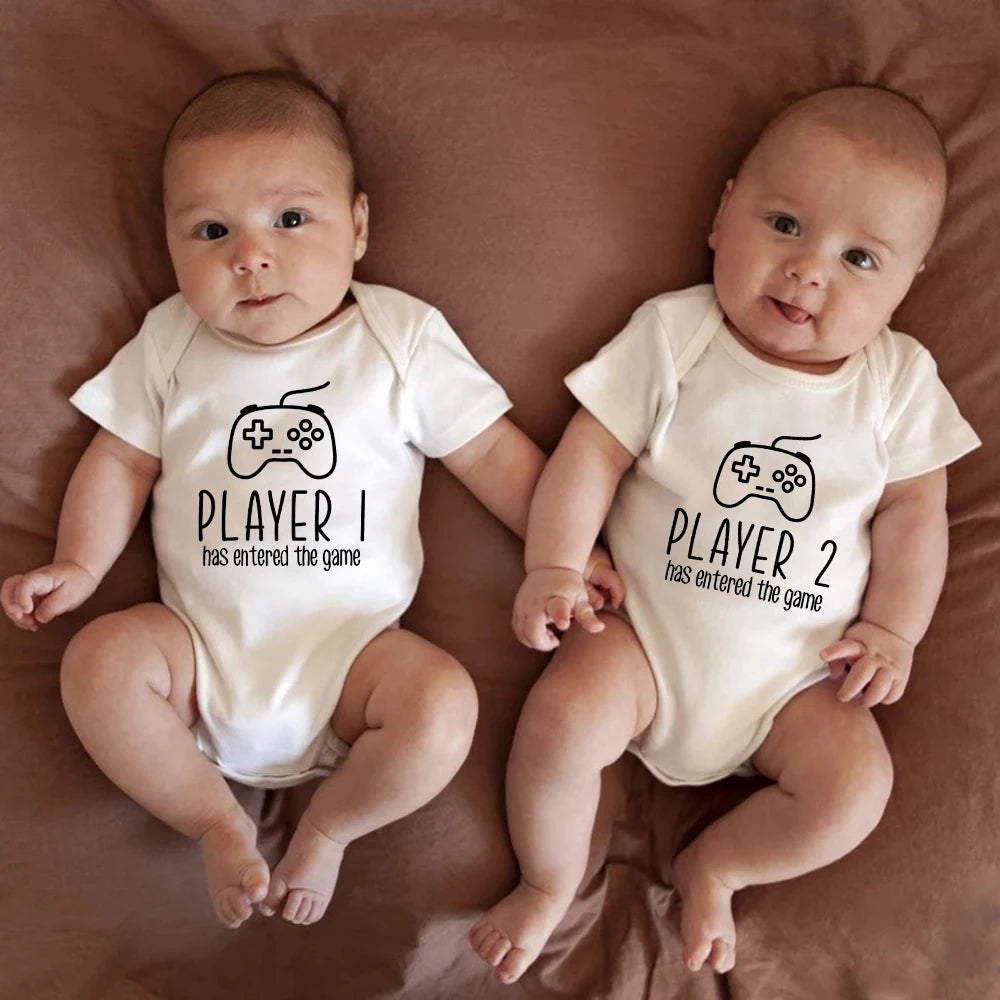 Player 1 2 Has Entered The Game Funny Twin Baby Onesies Cotton Comzy Summer Newborn Boys Girls Clothes O-neck Infant Romper