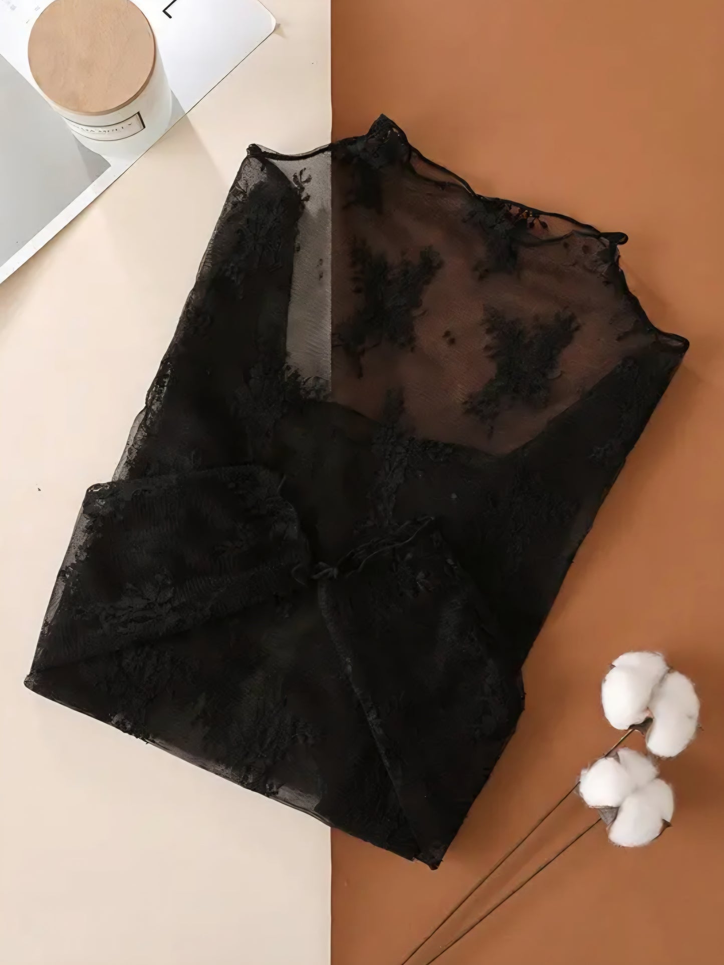 Semi Sheer Black Mesh Floral Layering Top
