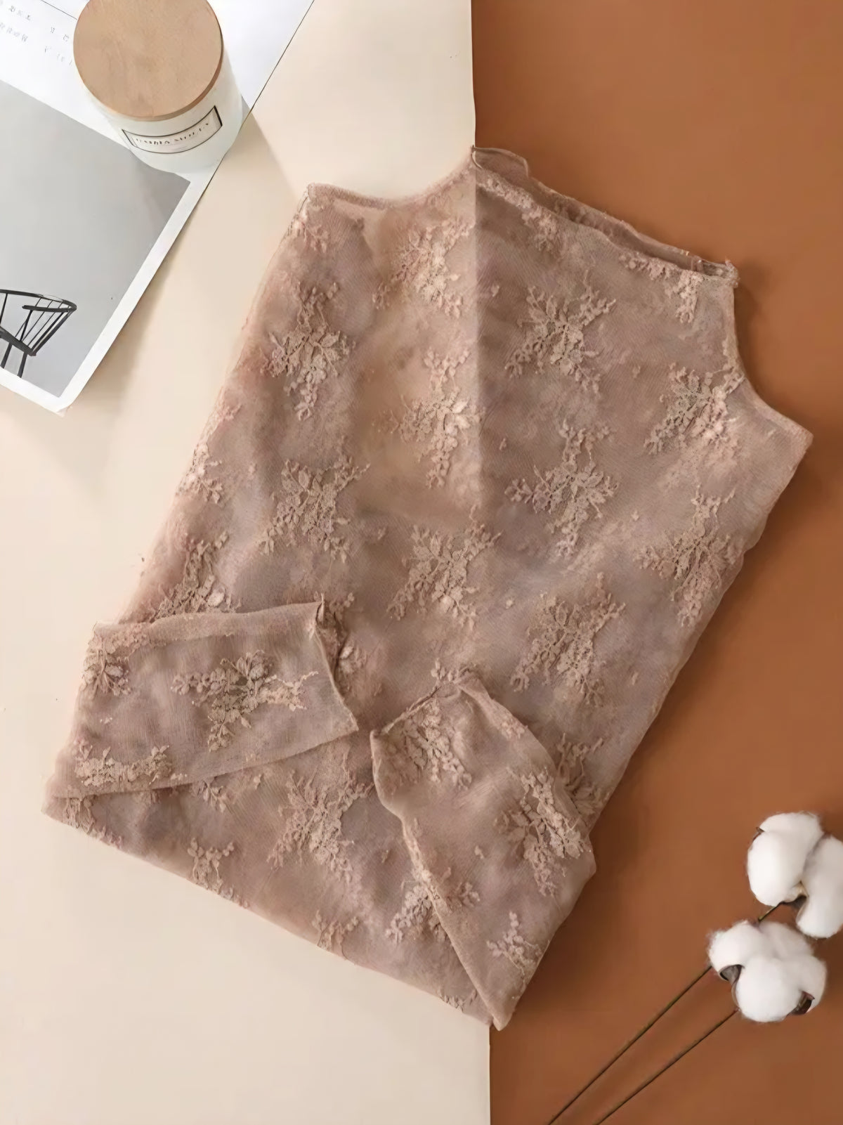 Semi Sheer Taupe Mesh Floral Layering Top